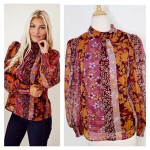 Avara Womens Patchwork Floral Long‎ Balloon Sleeve Top Size S Orange Purple Fall